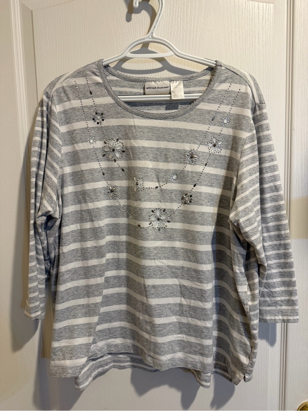 Alfred Dunner Grey & White Striped Rhinestone Floral Top